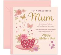 To a Beautiful Mum Mother's Day Card, Traditional Design with Heartfelt Sentimental Words, Pink Butterflies and Tea Cup - Square Card, Blank Inside With Envelope