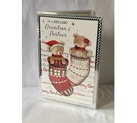 To A Brilliant Grandson & Partner Christmas Card White/Red/Green Teddies in Stockings/Words Foil Detail(PH42849B)