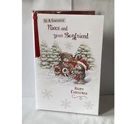 To A Fantastic Niece And & Your Boyfriend Happy Christmas Card Teddies/Red Sleigh/Presents Ribbon/Glitter/Foil Detail(PRELUDE46256)