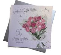 To a Sister | Personalised Birthday Card | Pink Flowers Bouquet | Handmade | Customise With Any Relation, Name, Year & Date| Luxury Card | Envelope Included | Blank Inside | Made in UK | Keepsake Card