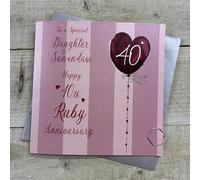 To a Special Daughter & Son-in-Law Happy 40th Ruby Anniversary Card. Stripes & Heart Balloon Design. Hand decorated with Glitter & Gems. (DH40-DS)