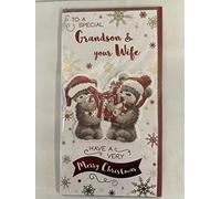 To A Special Grandson & Your Wife Have A Very Merry Christmas Card Teddies/Presents/Red+Gold Snowflakes 3D/Foil Detail (PRELUDE46219)