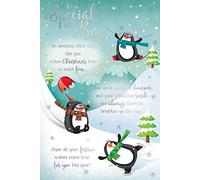 to A Special Little Boy Sking Skating Penguins & Words Design Christmas Card