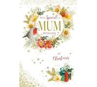 To a Special Mum at Christmas - Festive Greeting Card with Robin, Flowers & Gift Design