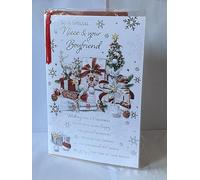 To A Special Niece & Your Boyfriend Christmas Card White/Red/Silver Presents/Crackers/Baubles/Silver Words Ribbon/Foil Detail(PRELUDE46901)