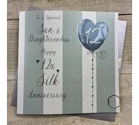 To a Special Son & Daughter-in-Law Happy 12th Silk Anniversary Card. Stripes & Heart Balloon Design. Hand decorated with Glitter & Gems. (DH12-SD)