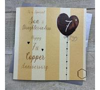 To a Special Son & Daughter-in-Law Happy 7th Copper Anniversary Card. Stripes & Heart Balloon Design. Hand decorated with Glitter & Gems. (DH7-SD)