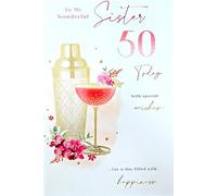To a Wonderful Sister 50 Today - 50th Milestone Birthday Greeting Card - Gold Foil Finished Drink Shaker with Cocktail Front Design - 23x16cm