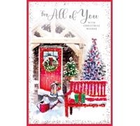 To All of You Christmas Card Snowy Xmas Tree Red Bench Outside House with Silver Foil 7.75x5.25"