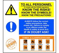to All Personnel. to Comply with COSHH regulations. Know The Risks! Know The SYM - Warning Sign Self Adhesive Vinyl 200mm x 200mm