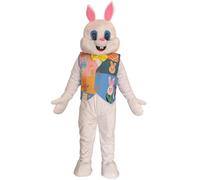 To.beone Easter Bunny Mascot Costume with Colorful Patchwork Vest, Yellow Bow Tie, Pink Ears, Adult Size Full Body Character Suit