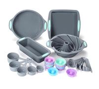 To encounter 45 Pieces Silicone Bakeware Set, Heat Resistant Silicone Baking Pans, Nonstick Silicone Baking Molds for Cake, Bread and Cupcake, with Measuring Cups and Spoons Set, Light Grey