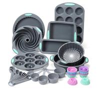 To encounter 49 Pieces Silicone Bakeware Set, Heat Resistant Silicone Baking Pans, Nonstick Silicone Baking Molds for Cake, Bread and Muffin, with Measuring Cups and Spoons Set, Light Grey
