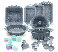 To encounter 65 Pieces Silicone Baking Pans Set, Metal Framed Silicone Tube Cake Pans, Nonstick Fluted Loaf Pans for Muffin, Cake, Bread, with Measuring Cups and Spoons Set, Light Grey