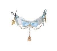 TO KU TOO YUO Blue Bow Necklace Lace Pearl Leaf Chain Choker Lolita Accessories Sweet Necklace Choker for Wedding Party Daily (Blue)