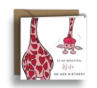 To My Beautiful Wife on her Birthday - Cute Giraffe | Square Folded Card (15x15 cm) - Kraft Envelope Included - Blank Inside