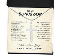 To My Bonus Son Cross Necklace, Stepson Gift Jewelry from Stepmom or Stepdad, Personalized Cross Necklace for Bonus Son, Birthday Christmas Graduation Present, Stainless Steel, No Gemstone