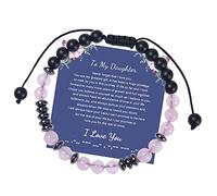 To My Daughter And Granddaughter Code Bracelet 6MM Pink Crystal Frosted Stone Pearl Earrings Necklace Set (A, One Size)