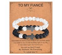 To My Fiance Gifts - Couple Bracelets Gifts with Sweet Message Card, Cross Charm Long Distance Touch Bracelets, Natural Bead Bracelets for Fiance Girlfriend Boyfriend Anniversary Valentines Day Gifts