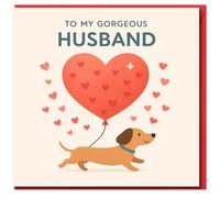 To My Gorgeous Husband Card - Cute Dachshund with Heart Balloon - Romantic Anniversary or Valentine's Card for Husband