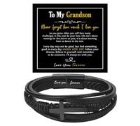 To My Grandson Cross Leather Bracelet, Grandson Bracelet From Grandparents Grandson's Eternal Guardian Faith Bracelets Nephew Guy Friends Inspirational Engraved Message Wristband for Birthday