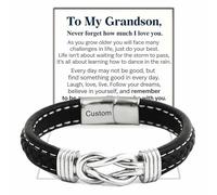 To My Grandson, Love You Forever Linked Braided Leather Bracelet, Grandson's Infinity Legacy Knot Bracelet Gift Set with Engraved Name, Custom Stainless Steel Leather Name bracelet for Man