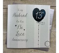 To my Husband On Our 13th Lace Anniversary Card. Stripes & Heart Balloon Design. Hand decorated with Glitter & Gems. (DH13-H)