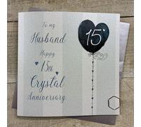 To my Husband On Our 15th Crystal Anniversary Card. Stripes & Heart Balloon Design. Hand decorated with Glitter & Gems. (DH15-H)