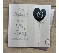 To my Husband On Our 16th Topaz Anniversary Card. Stripes & Heart Balloon Design. Hand decorated with Glitter & Gems. (DH16-H)