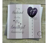 To my Husband On Our 17th Amethyst Anniversary Card. Stripes & Heart Balloon Design. Hand decorated with Glitter & Gems. (DH17-H)