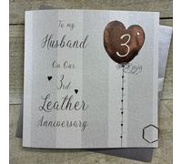 To my Husband On Our 3rd Leather Anniversary Card. Stripes & Heart Balloon Design. Hand decorated with Glitter & Gems. (DH3-H)