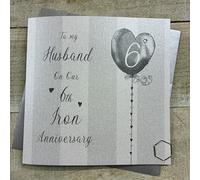 To my Husband On Our 6th Iron Anniversary Card. Stripes & Heart Balloon Design. Hand decorated with Glitter & Gems. (DH6-H)