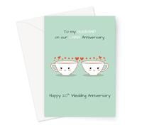To My Husband On Our China Anniversary, Happy 20th Wedding Anniversary Card | Funny China Anniversary Card For Husband in Green | Porcelain Teacups in Love with Red Hearts