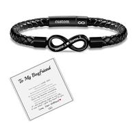 To My Man, Personalized Double Name Infinity Leather Bracelet, Mens Personalized Custom Bracelets, Stainless Braided Engraved Name Bracelet for Men, for Dad, Grandad, Husband (To my boyfriend)