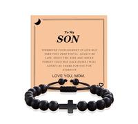 To My Son Bracelet from Mom Dad Adjustable Handmade Black Bead and Cross Bracelet Inspirational Christmas Birthday Gifts for on, L, 黑曜石, no gemstone