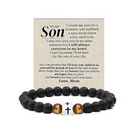 To My Son Bracelet From Mom Dad Adjustable Handmade Black Bead and Wood Cross Bracelet Inspirational Christmas Birthday Gifts for Men, L, 串珠, no gemstone