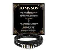 To My Son Bracelet from Mom Dad Never Forget I Love You Forever Never Alone Inspirational Message Jewelry Gift Birthday Christmas Graduation Men Leather Cross Christian Faith Keepsake Wristband