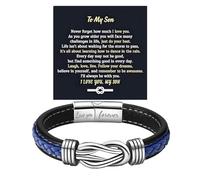 To My Son Bracelet From Mom, Infinity Knot Love You Forever Linked Together Stainless Steel Handmade Leather Cuff Mens Birthday Weave Gift Jewelry, 8.46 Inches, Stainless Steel Leather, no gemstone