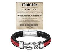 To My Son Bracelet From Mom, Infinity Knot Love You Forever Linked Together Stainless Steel Handmade Leather Cuff Mens Birthday Weave Gift Jewelry, 8.46 Inches, Stainless Steel Leather, no gemstone