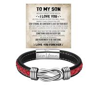 To My Son Bracelet From Mom, Infinity Knot Love You Forever Linked Together Stainless Steel Handmade Leather Cuff Mens Birthday Weave Gift Jewelry, 8.46 Inches, Stainless Steel Leather, no gemstone