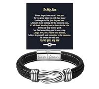 To My Son Bracelet From Mom, Infinity Knot Love You Forever Linked Together Stainless Steel Handmade Leather Cuff Mens Birthday Weave Gift Jewelry, 7.5 inches, Stainless Steel Leather, no gemstone