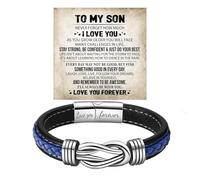 To My Son Bracelet From Mom, Infinity Knot Love You Forever Linked Together Stainless Steel Handmade Leather Cuff Mens Birthday Weave Gift Jewelry, 7.5 inches, Stainless Steel Leather, no gemstone
