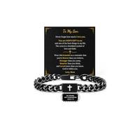 To My Son Christian Bracelet From Mom, Be Strong And Courageous I Can Do All Things Bible Verse Cross Double Sided Engraved Stainless Steel Cuban Link Mens First Communion Confirmation Gift Jewelry