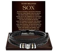 To My Son Forever Love Bracelet from Mom Dad Beloved Bonus Son Never Forget I Love You Lion Greatest Blessing Inspirational Message Jewelry Gift Birthday Christmas Graduation Men Leather Keepsake
