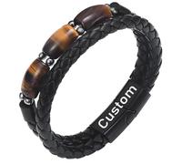 To My Son, Love You Forever Natural Tiger Eye Leather Bracelet, Custom Mens Black Beaded Bracelets For Men And Women With Engraving Name, Cuff Bangle, Mens Gifts