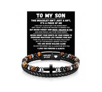 To My Son - Never Walk Alone Beaded Cross Bracelet, Mens Double-layer Braided Leather Cuff with Love You Forever Engraved Stainless Steel Clasp From Mom Dad Birthday Motivational Meaningful Gift