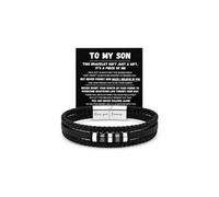 To My Son - Never Walk Alone Braided Bracelet, Multi Layer Black Leather Stainless Steel Mens Inspirational Wristband Bracelets With Encouragement Card Meaningful Birthday Christmas Jewelry Gift, L