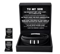 To My Son - Never Walk Alone Braided Bracelet Set, Personalized Mens Braided Leather Bracelet with Heartfelt Message & Elegant Box for Birthday, Graduation, Christmas，Silver