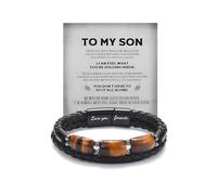To My Son - Tiger’s Eye Protection Leather Bracelet From Mom, Love You Forever Linked Together Handmade Leather Cuff Mens Birthday Weave Gift Jewelry, M, Stainless Steel Leather Stone, no gemstone