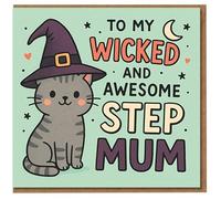 To My Wicked and Awesome Step Mum Halloween Card - Cute Witch Cat, Stars and Moon - Fun Card for Stepmum